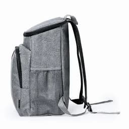 A grey backpack cooler bag with a zippered top and adjustable straps, featuring a side pocket.