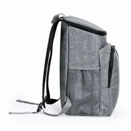A grey cooler bag backpack with a zippered top and side pockets, featuring adjustable straps and a logo.