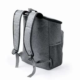 A grey cooler bag backpack with adjustable straps and side pockets, featuring a simple logo.