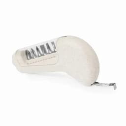 A measuring tool with a cream-coloured body and a tape measure emerging from the end, featuring silver metal components.