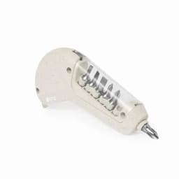 A screwdriver set with five interchangeable bits in a translucent, white handle. The handle features a contoured design.