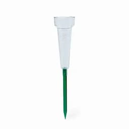 A transparent rain gauge with a green spike for ground insertion, used for measuring rainfall.