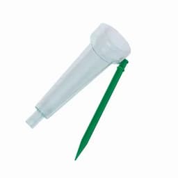 A clear rain gauge with a green measurement stake for outdoor use. It features a simple, functional design.
