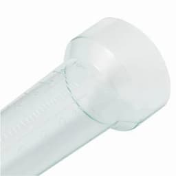 A clear plastic rain meter with measurement markings, featuring a rounded top. It has a logo on the surface.