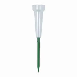 A rain gauge with a transparent top and a green stake, designed for outdoor use.