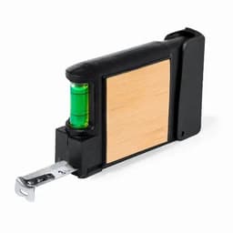 A tape measure with a black plastic casing, wooden panel, and a built-in bubble level for precision.
