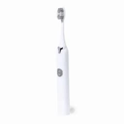 An electric toothbrush in white with a grey button, featuring a bristle head and a sleek design.