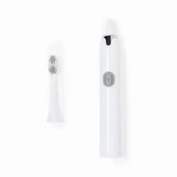 A dental care device in white with a grey button, accompanied by a replacement brush head.