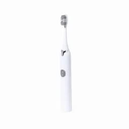 A white electric toothbrush featuring a sleek design and a grey button, with a small brush head.