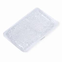 A clear, textured rectangular gel pack with a ridged surface, featuring a logo on one side.