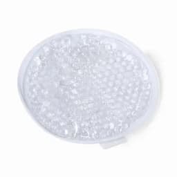 A clear, round gel pack featuring small bubbles for thermoregulation. It has a textured surface and a white backing.