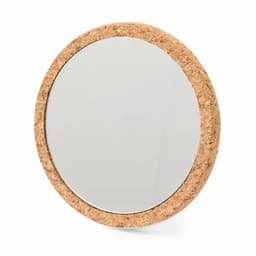 A round mirror with a natural cork frame, featuring a smooth reflective surface.