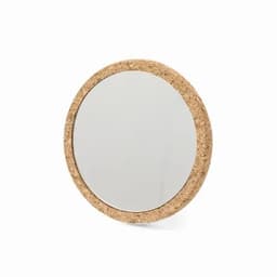 A round mirror with a cork frame, featuring a simple and minimalist design. The frame is light brown in colour.