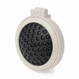 A drink bottle lid featuring a textured black surface and a light beige base, with a circular shape and branding.