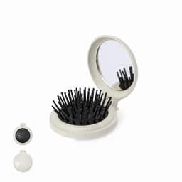A compact hairbrush mirror featuring black bristles and a light grey, circular case.