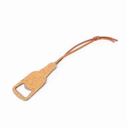 A bottle opener in the shape of a drink bottle, made of cork with a leather strap.
