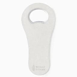 A bottle opener in a light grey colour made from wheat straw, featuring a simple design and a logo.