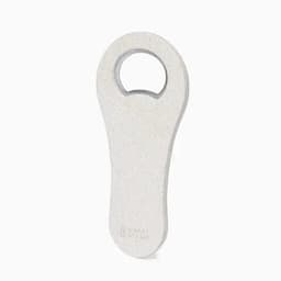 A white drink bottle designed with a rounded handle and a circular opening at the top, featuring a logo.