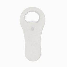 A bottle opener in white featuring a rounded top and a sturdy handle. It has a simple design without branding.