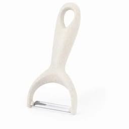 A vegetable peeler with a textured white handle and a stainless steel blade. It features a simple design.