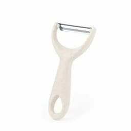A vegetable peeler with a white handle and a metal peeling blade. It features a logo on the handle.