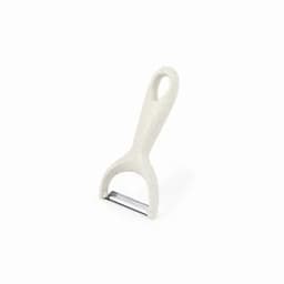 A potato peeler with a light grey handle and a metal blade for peeling fruits and vegetables.