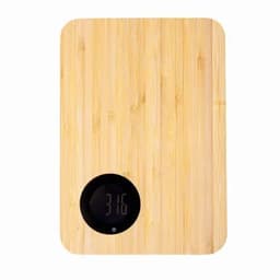 A digital kitchen scale with a bamboo surface and a circular display showing the weight as 316 grams.