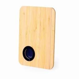 A drink bottle with a bamboo finish and a black circular base, featuring a logo.