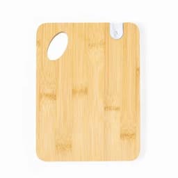 A bamboo cutting board with a round handle cutout and a knife sheath. The surface features a light, natural finish.
