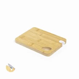 A bamboo serving board with a handle and a knife set beside it. The board features a smooth, rectangular design.