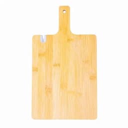 A bamboo cutting board in a rectangular shape with a handle. The board has a smooth, light brown finish.