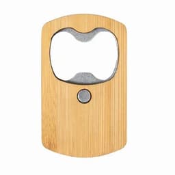 A bamboo bottle opener featuring a stainless steel cap remover. The design is smooth with a rounded edge.