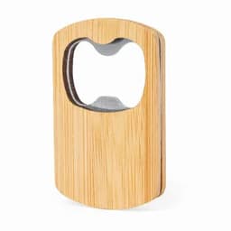 A bamboo bottle opener with a metal cap-lifting section. The opener features a smooth, natural wood finish.