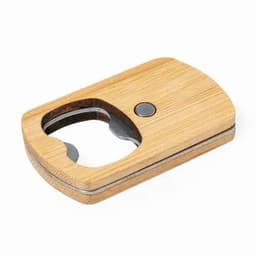 A bottle opener with a bamboo exterior and metal opener. It features a sleek, minimalist design.