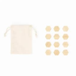 A small beige drawstring bag and twelve light wooden hexagonal pieces arranged in a grid.