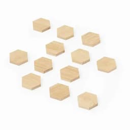 A set of twelve wooden hexagonal pieces in a light natural finish arranged in a scattered layout.