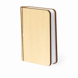 A wooden notebook with a natural finish and blank white pages, secured with a simple binding.