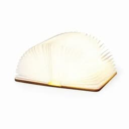 A book-shaped lamp with a warm glow, featuring a wooden cover and foldable pages that fan out.