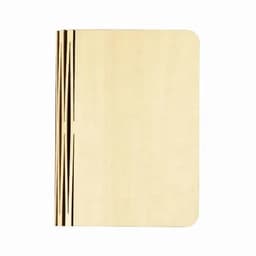 A wooden notebook featuring a smooth cover with vertical lines and rounded edges, crafted in natural wood tones.