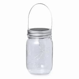 A glass jar with a silver metal lid and handle, featuring a clear design and a solar panel on the top.