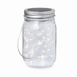 A clear glass jar with a silver lid and handle, containing strings of LED fairy lights inside.