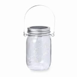 A glass jar lantern with a silver lid and handle, featuring a textured transparent design.