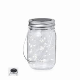 A glass jar lantern with a silver metal lid, containing white string lights inside, and a handle for hanging.