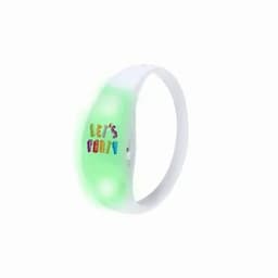 A wristband in white with a bright green glow, featuring colourful text saying "LET'S PARTY."