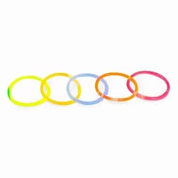 A set of five transparent rubber rings in yellow, green, blue, orange, and pink. Each ring is lightly coloured and circular.