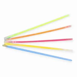 A set of six colourful drink stirrers in yellow, green, pink, orange, blue, and clear, featuring a logo on some.