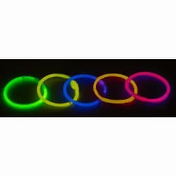 A set of five glowing bracelets in green, blue, yellow, pink, and orange, displayed against a dark background.