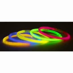 A set of five glow bracelets in vibrant colours: yellow, blue, green, and pink, displayed against a dark background.