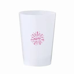 A white party cup featuring a pink design and logo, suitable for celebrations.