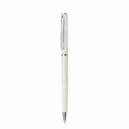 A pen with a white textured barrel and a silver clip, featuring a polished silver tip.